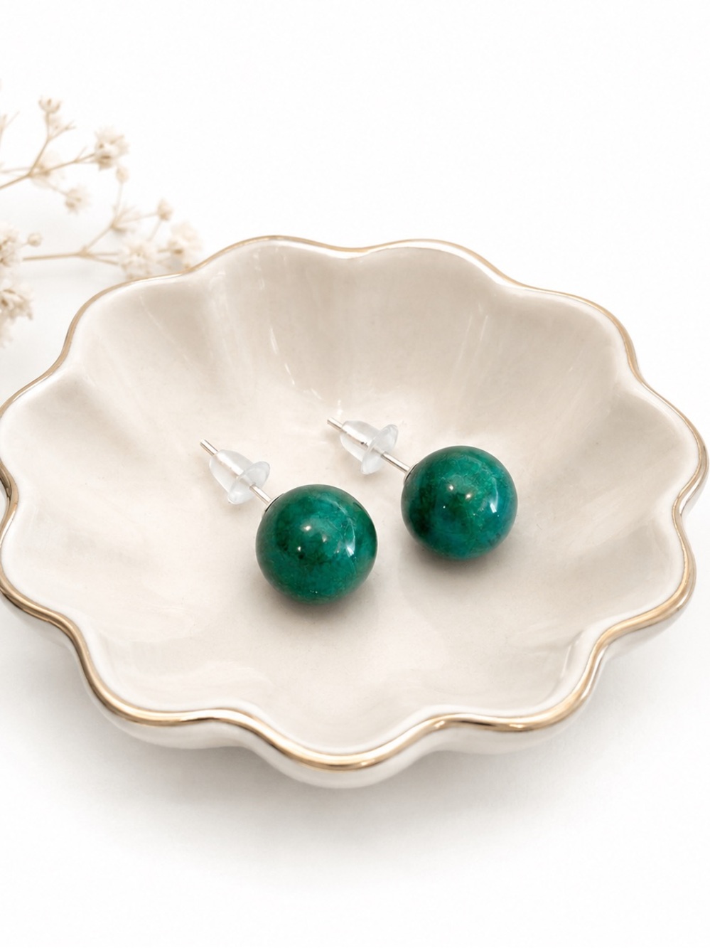 14k Yellow Gold Round Malachite Ball Stud Earrings